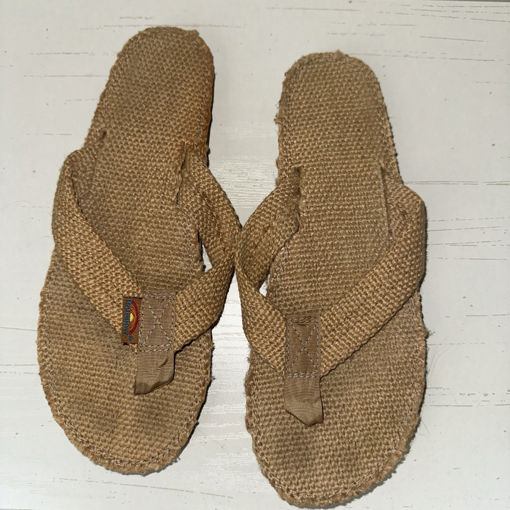 Rainbow Flip Flop Sandals Hemp Brown Wide Strap Single Layer Small 5.5-6.5